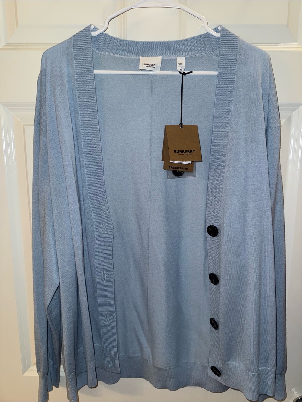 Burberry Dornoch Wool Pale Blue Elbow
Patch Cardigan Sweater-Size XL